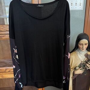 Chic Black Long Sleeve Top with Floral Sleeves